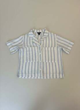 Buffalo David Bitton Blue White Striped Linen Blend Crop Button Down Top XS